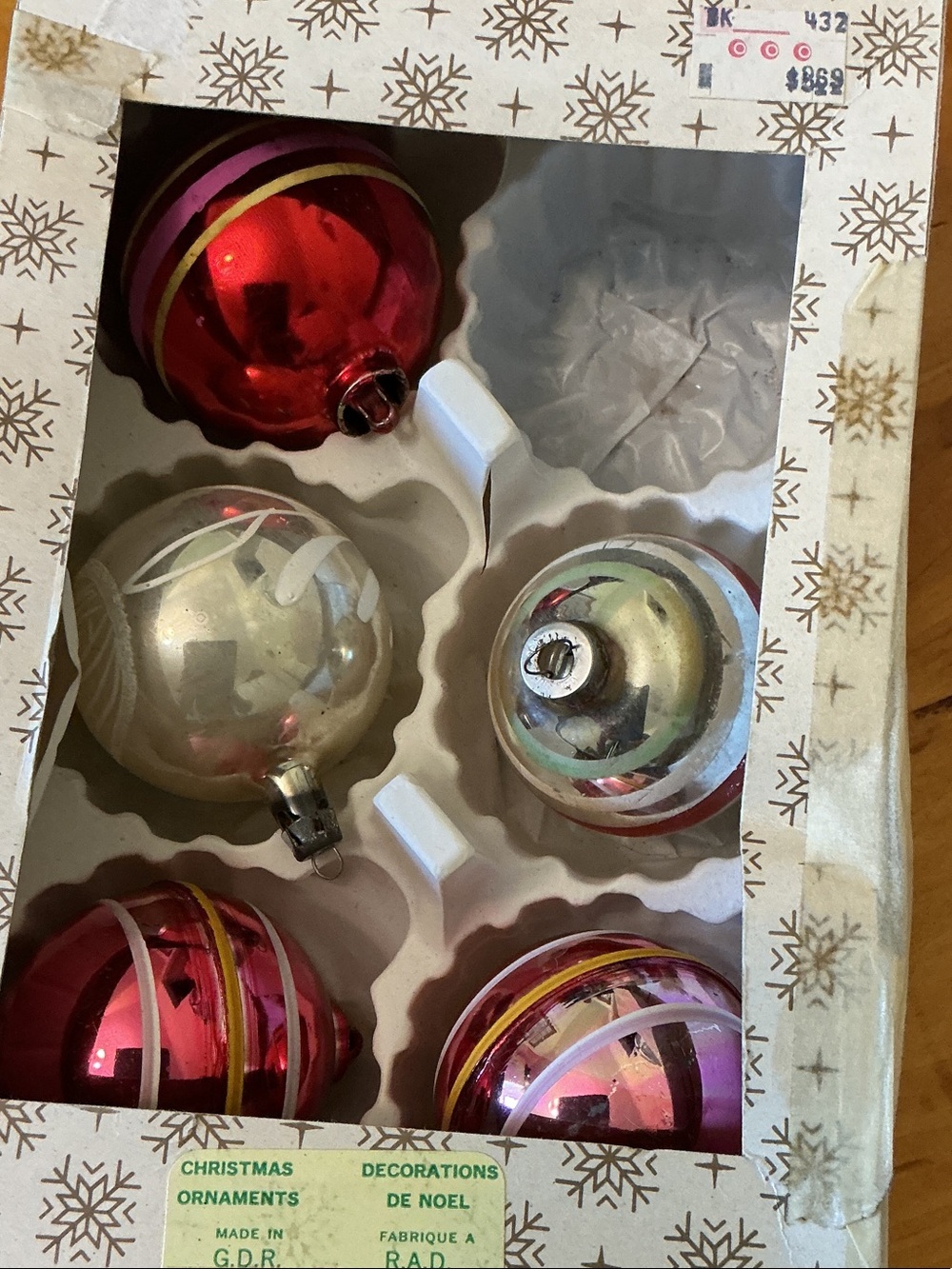 Mid- Century Hand Painted Mercury Striped Glass Ornaments set of 5